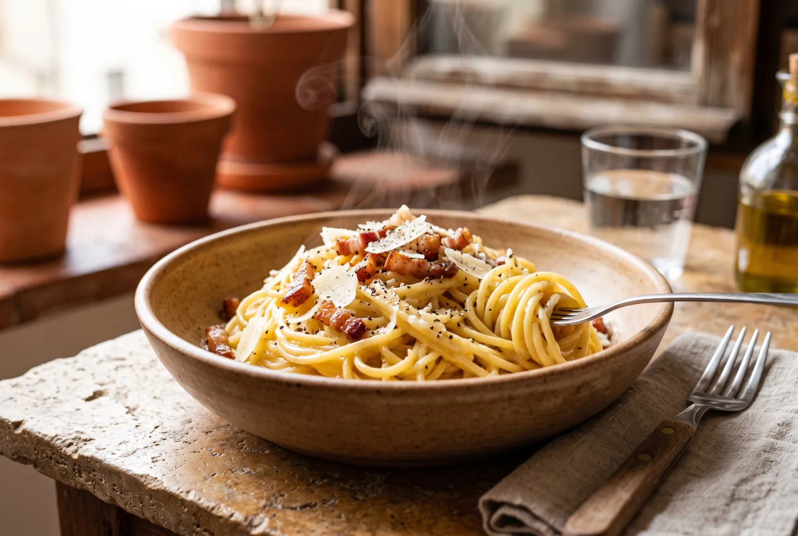 Spaghetti alla carbonara con guanciale croccante, pecorino e pepe