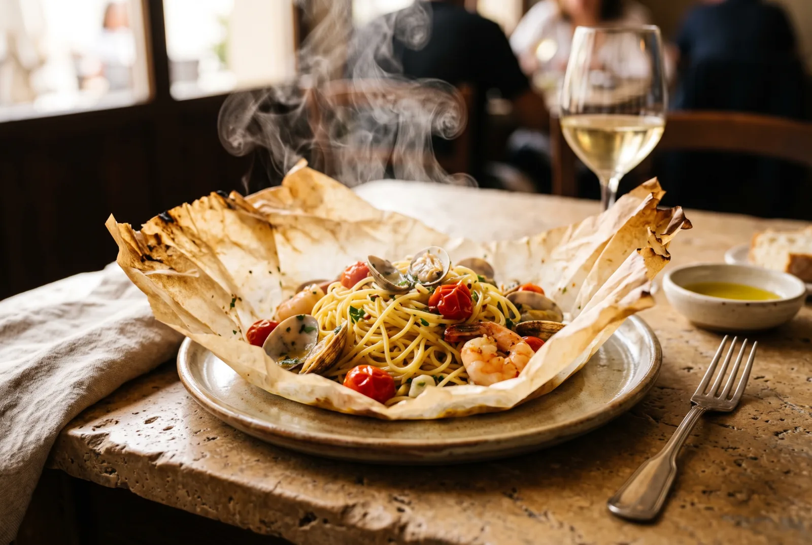 Tagliolini al cartoccio con vongole, gamberi e pomodorini, aperti al tavolo