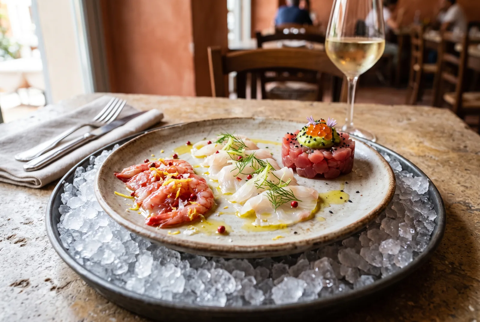 Crudi di pesce fresco: gambero rosso, carpaccio di spigola e tartare di tonno