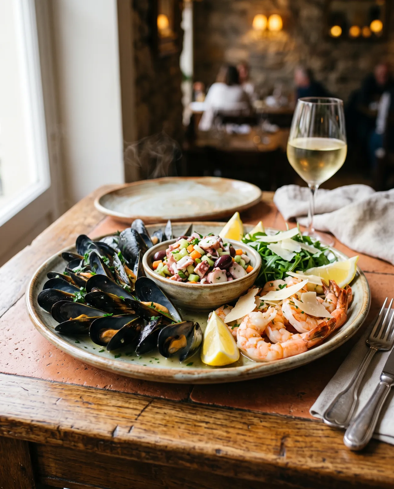 Antipasto di mare da Mimmo: cozze, polpo con sedano e olive, gamberi con rucola e parmigiano