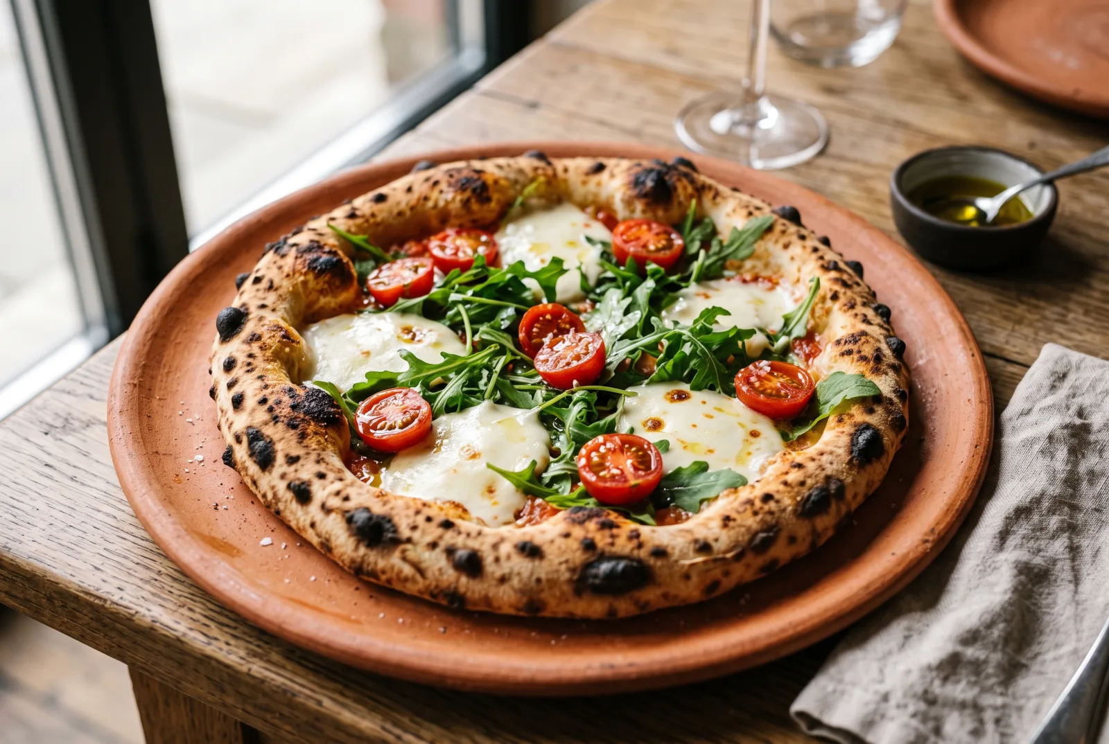 Pizza con bufala, rucola e pomodorini, cornicione alveolato