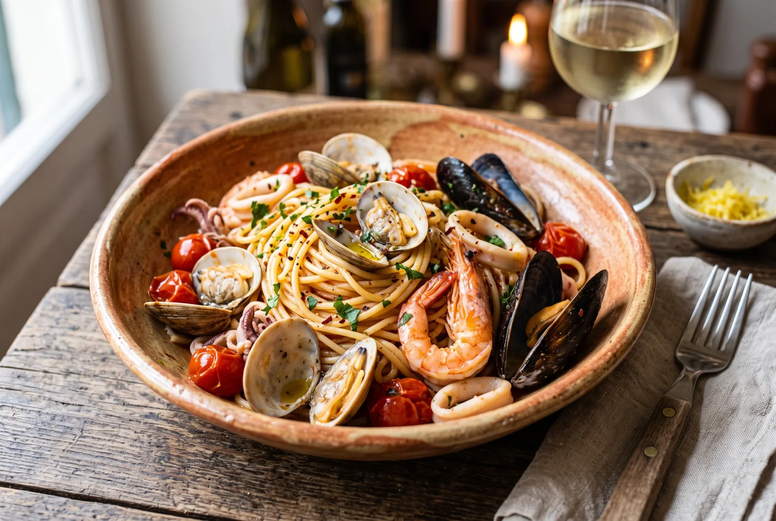 Spaghetti allo scoglio con vongole, cozze, gamberi e calamari